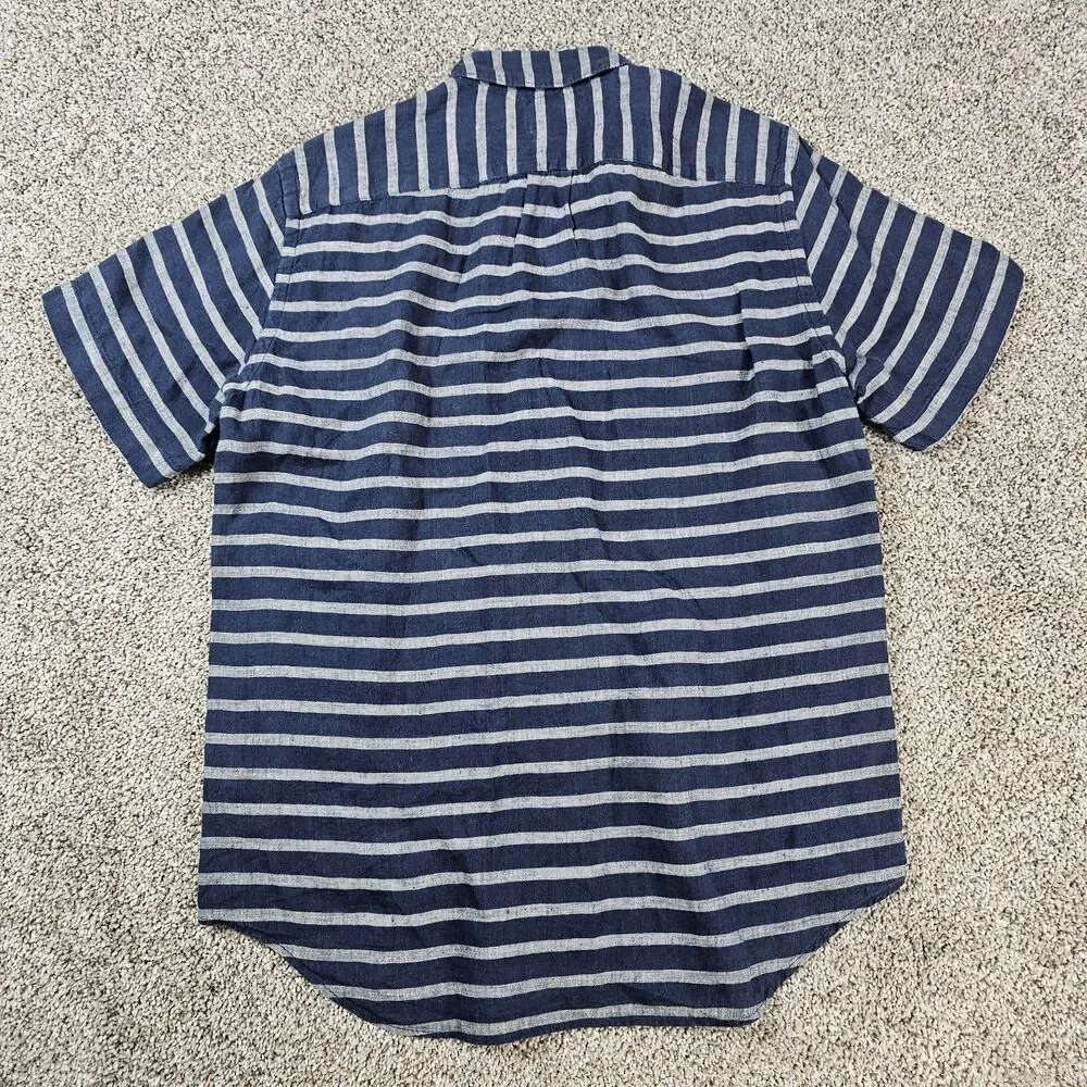 J Crew Shirt Mens Medium Blue Gray Striped Linen Button Pocket Casual Beach